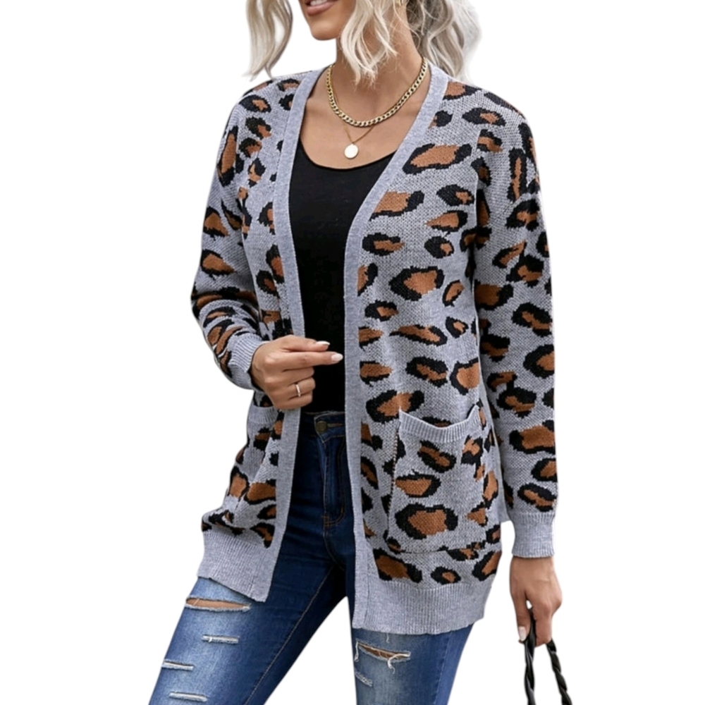 Hayden LA Leopard Print  Cardigan Sweater gray Tan Soft Sz S/M